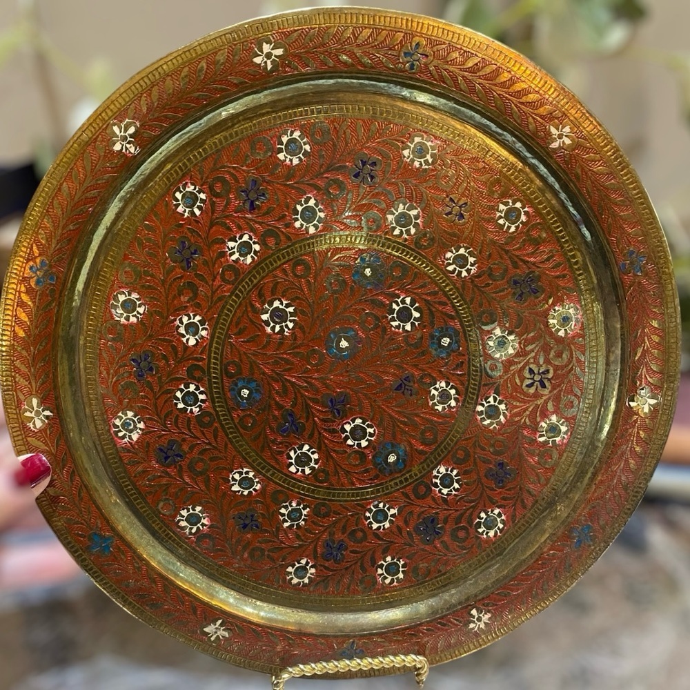 Vintage Solid Brass Enameled Round Tray Floral Home Decor Accent Serving